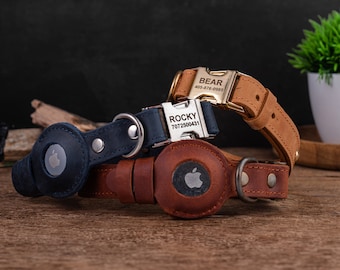 May include: Three leather dog collars with engraved metal name tags. The collars are brown, blue, and brown. The name tags read "BEAR 405-876-0985", "ROCKY 7072500431", and "BEAR 405-876-0985".