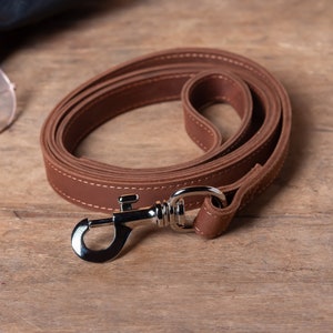 May include: A brown leather dog leash with a silver metal clip.