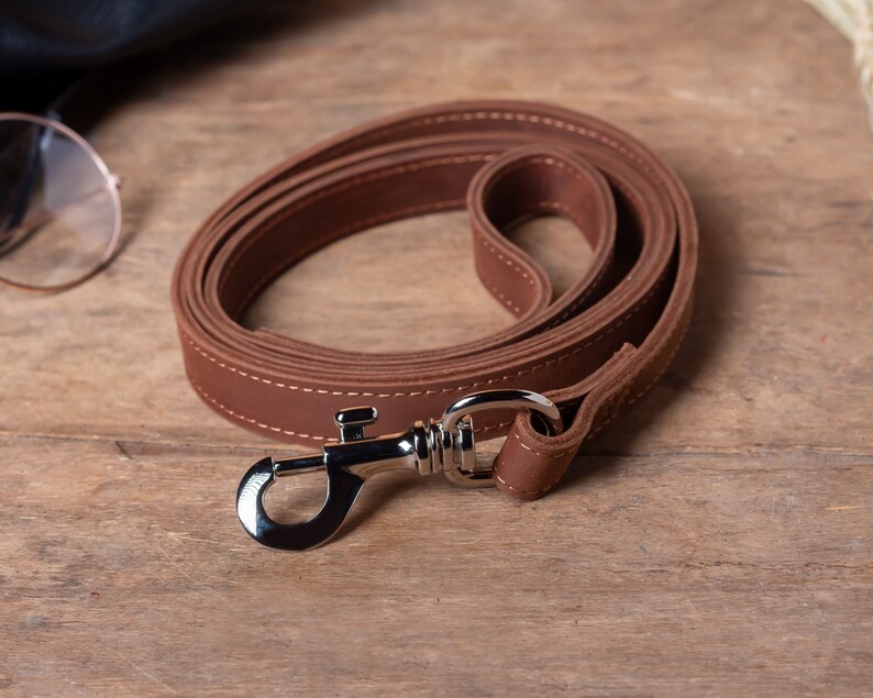 May include: A brown leather dog leash with a silver metal clip.