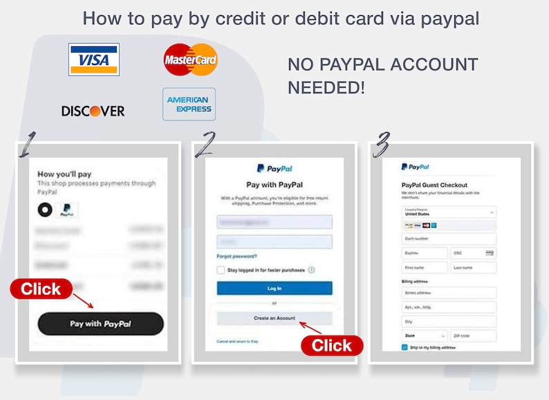 May include: A visual guide on how to pay with a credit or debit card via PayPal. The image shows three steps: 1. Click "Pay with PayPal" 2. Log in or create an account 3. Enter your billing information using PayPal Guest Checkout.