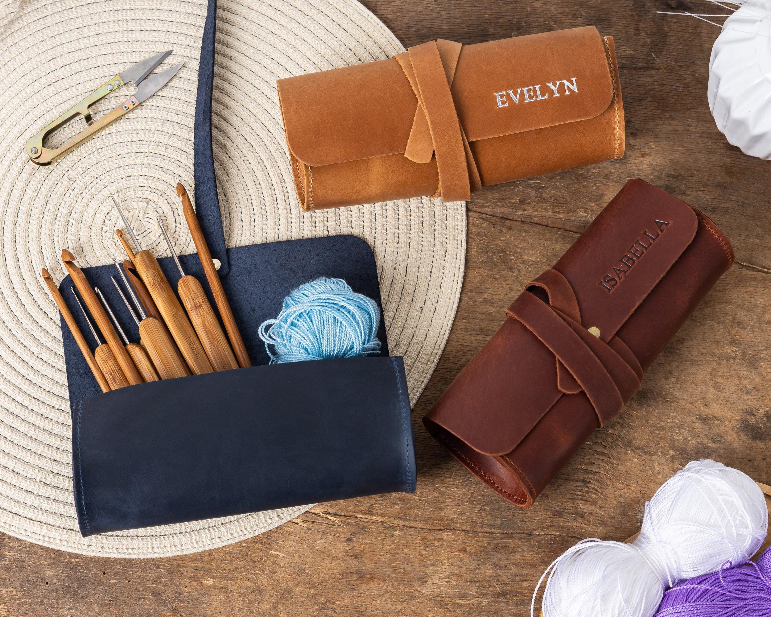 Personalized Leather Crochet Hook Case, Knitting Needles Organizer