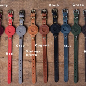 Op de afbeelding: Tien leren hondenhalsbanden in verschillende kleuren, waaronder bordeauxrood, rood, grijs, vintage bruin, cognac, zwart, blauw, groen en bruin. Elke halsband heeft een rond metalen label.