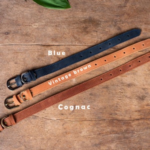 May include: Three leather dog collars in different colors: blue, vintage brown, and cognac. The collars are laid out on a wooden surface.