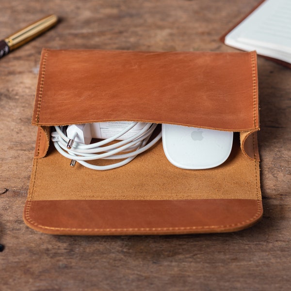 Leather Macbook Charger Holder MacBook Charger Case Macbook Charger Cover Laptop Cable Organizer Cable Bag Storage case for Mouse and Charge