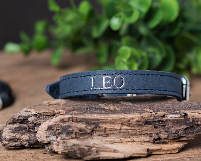May include: A dark blue leather collar with the name "LEO" engraved in silver lettering. The collar is on a wooden surface.