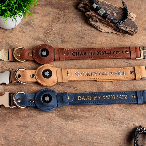 Personalized Leather Dog Collar with AirTag Holder, Personalized Dog Collar, Genuine Leather Dog Collar, Engraved Leather Dog Collar Airtag