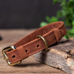 May include: A brown leather dog collar with a brass buckle. The collar is lying on a piece of weathered wood.