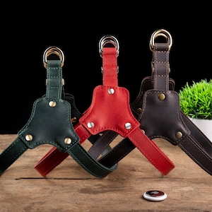 Personalized Leather Dog Harness with Holder for Airtag, Customized Dog Harness with Pocket Holder for Tracker image 9
