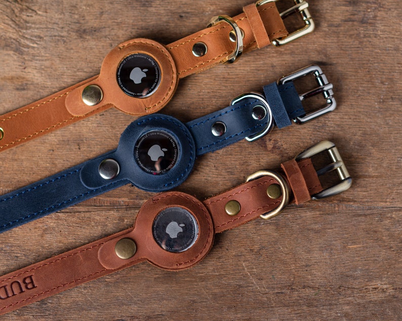 Personalized Leather Dog Collar With Airtag Holder Etsy