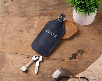 Personalized Leather Key Case, Custom Name Holder, Genuine Leather Pouch