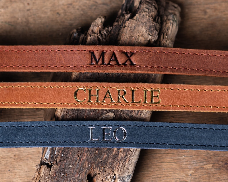 May include: Three leather dog collars with gold and black lettering. The collars are brown and navy blue. The names on the collars are Max, Charlie, and Leo.