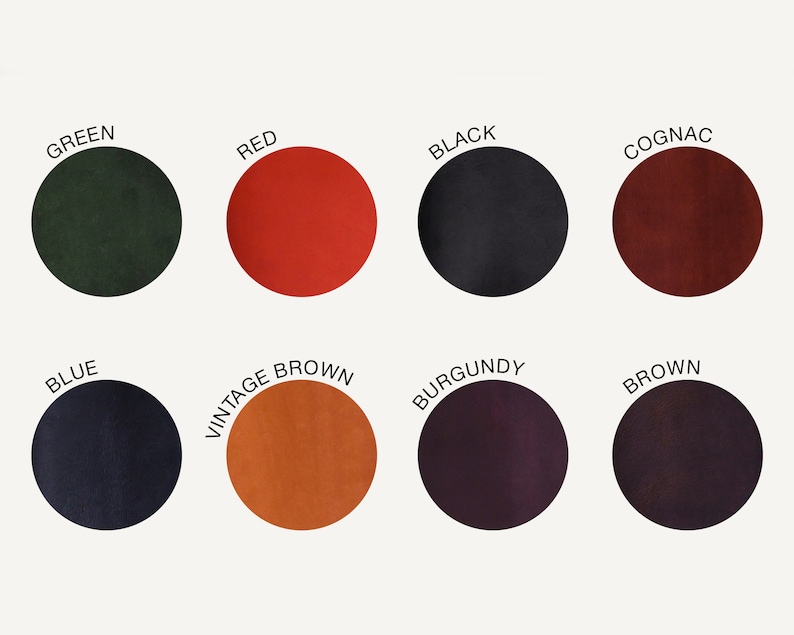 May include: Color chart showing ten different leather colors: green, red, black, cognac, blue, vintage brown, burgundy, brown, dark brown, and light brown.