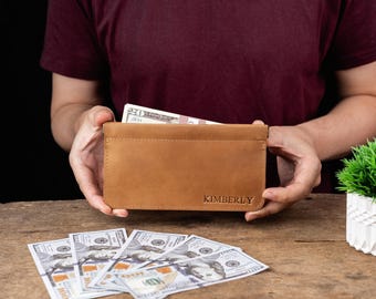 Personalized Leather Money Envelope, Minimalist Cash Wallet