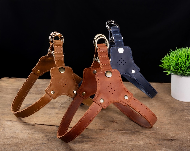 Personalized Leather Dog Harness with Holder for Airtag, Customized Dog Harness with Pocket Holder for Tracker image 4