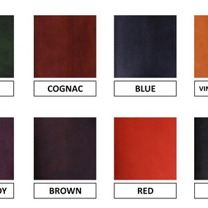 May include: A colour chart showing ten different leather colours: green, cognac, blue, vintage brown, burgundy, brown, red, black, white, and grey.