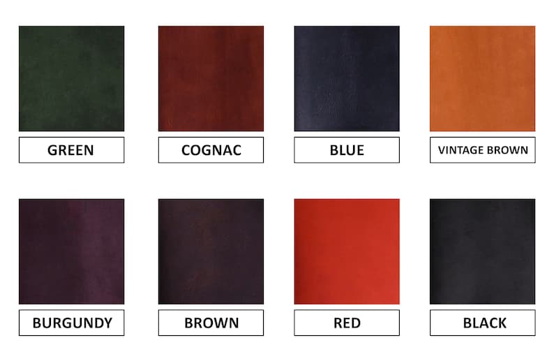 May include: A colour chart showing ten different leather colours: green, cognac, blue, vintage brown, burgundy, brown, red, black, white, and grey.