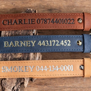 May include: Close-up of three personalized leather dog collars in brown, navy blue, and tan. Each collar displays a dog's name and a phone number in a contrasting color. The collars have metal hardware and are set against a wooden background.