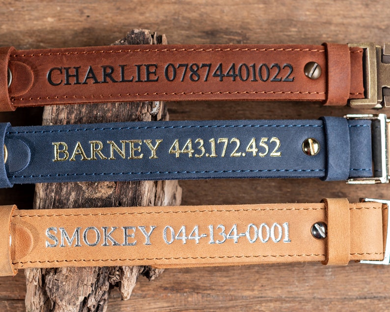 May include: Close-up of three personalized leather dog collars in brown, navy blue, and tan. Each collar displays a dog's name and a phone number in a contrasting color. The collars have metal hardware and are set against a wooden background.