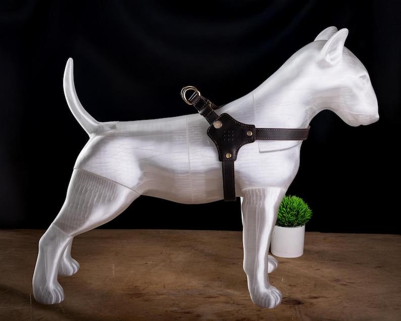 May include: A white Bull Terrier statue with a dark brown leather harness. The dog statue is standing on a wooden surface with a small green plant in a white pot in the background. The dog's tail is curved upwards.