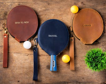 Personalized Leather Ping Pong Case: Table Tennis Paddle Cover with Wrist Strap