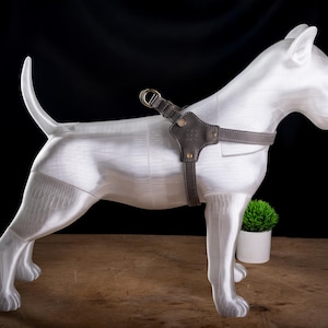 May include: A white dog statue with a gray leather harness and brass hardware. The dog is standing on a wooden surface with a small green plant in a white pot in the background. The dog's tail is curved upwards.