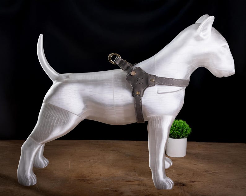May include: A white dog statue with a gray leather harness and brass hardware. The dog is standing on a wooden surface with a small green plant in a white pot in the background. The dog's tail is curved upwards.