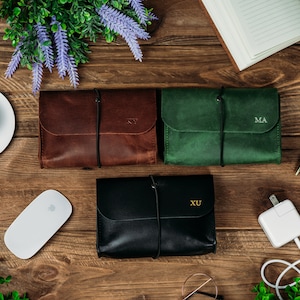Leather Charger Bag, Cable Organize Case Holder, Customized Tech Pouch Bag, Cable Organize Bag, Charger Pouch Bag, MacBook Charger Case image 5