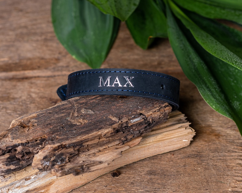 May include: A dark blue leather dog collar with white stitching and the name "MAX" engraved in silver.