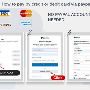 May include: A visual guide on how to pay with a credit or debit card via PayPal. The image shows three steps: 1. Click "Pay with PayPal" 2. Log in or create an account 3. Enter your billing information using PayPal Guest Checkout.