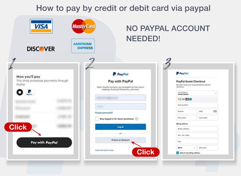 May include: A visual guide on how to pay with a credit or debit card via PayPal. The image shows three steps: 1. Click "Pay with PayPal" 2. Log in or create an account 3. Enter your billing information using PayPal Guest Checkout.