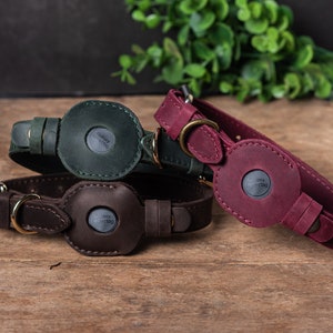 Personalized Leather Dog Collar with Holder for Galaxy SmartTag, Genuine Leather Dog Collar, Engraved Leather Dog Collar Holder for SmartTag