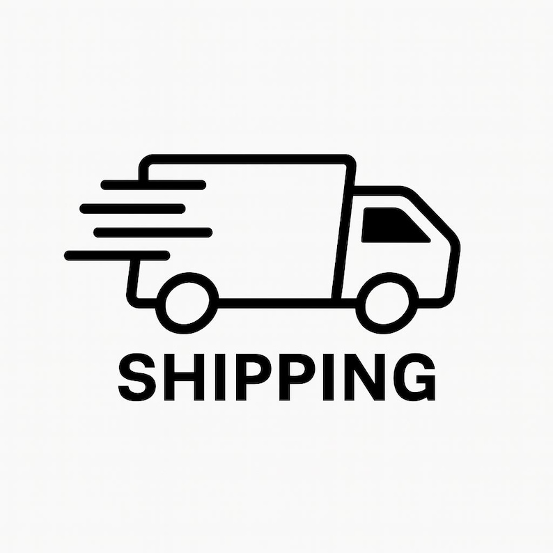 Op de afbeelding: Zwart-wit afbeelding van een bestelwagen met bewegingslijnen. Het woord "SHIPPING" staat vetgedrukt, in hoofdletters onder de vrachtwagen, wat duidt op een bezorgdienst of product.