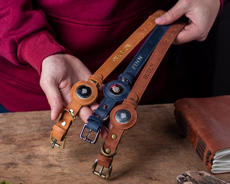 Personalized Leather Dog Collar With Airtag Holder Etsy