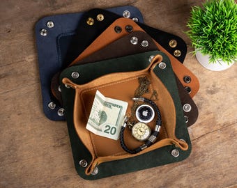 Personalized Leather Valet Tray, Custom Catchall Tray for Keys, Wallet, Watch & Jewelry