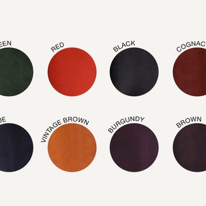 May include: Color chart showing ten different leather colors: green, red, black, cognac, blue, vintage brown, burgundy, brown, dark brown, and light brown.
