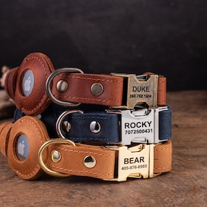 Può includere: Tre collari per cani in pelle impilati uno sopra l'altro. Il collare superiore è marrone con una fibbia in ottone incisa con "DUKE 368.762.1904". Il collare intermedio è blu scuro con una fibbia argentata incisa con "ROCKY 7072500431". Il collare inferiore è marrone con una fibbia dorata incisa con "BEAR 405-876-0985".