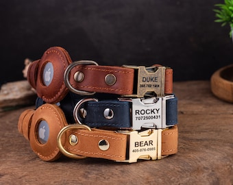 Personalized Leather Dog Collar with AirTag Holder, Personalized Dog Collar, Genuine Leather Dog Collar, Engraved Leather Dog Collar Airtag