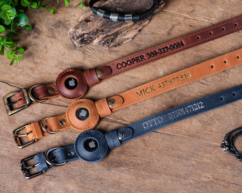 Personalized Leather Dog Collar with AirTag Holder, Personalized Dog Collar, Genuine Leather Dog Collar, Engraved Leather Dog Collar AirTag image 1