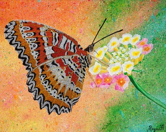 Summer Dream, Butterfly Painting, Original Acrylic Painting on Canvas, Dot Painting, 16 x 12 inches, Green, Orange, Red, Black, White