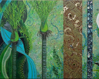 New Zealand Harmony,  Abstract Painting, Original Acrylic Painting on Canvas, 36 x 18 inches, Framed, Green, Blue, Brown, Gold