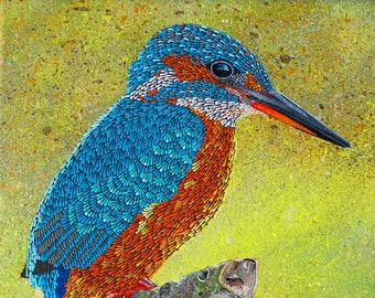 Kingfisher, Original Acrylic Painting on Canvas, Impressionist painting, Dot Painting, 8 x 8 inches, Framed, Blue, Orange