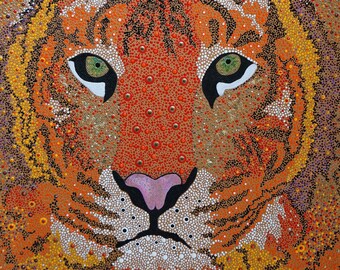 Tiger, Original Acrylic, Painting on Canvas, Dot Painting, 10 x 10 inches, Red, Orange, Yellow, Black, White