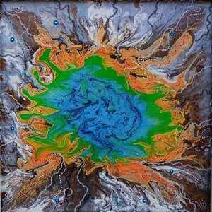 Grand Prismatic, Abstract Painting, Original Painting, Dot Painting, 20 x 20 inches, Blue, Green, Yellow, Brown, Grey, White