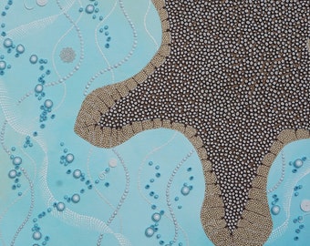 Starfish, Abstract 3D Painting, Original Mixed Media Painting, Dot Painting, 20 x 20 inches, Blue, Brown, White, Silver