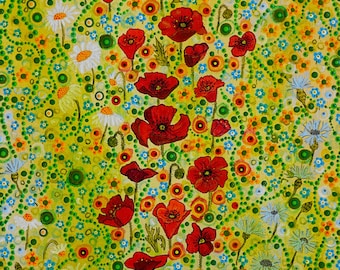 Flower Field, Flower Painting, Original Acrylic Painting on Canvas, 8 x 16 inches, Red, Green, Yellow, White, Poppy, Daisy, Cornflower