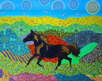 Horse in Dreamland, Abstract painting, Original Acrylic Painting on Canvas, Dot Painting, 36 x 24 inches, Blue, Green, Yellow, Black