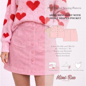 Ariel A-Line Mini Skirt Sewing Pattern | Button Front Skirt PDF | Heart Pocket Detail | Beginner Friendly | Sizes UK 6-20
