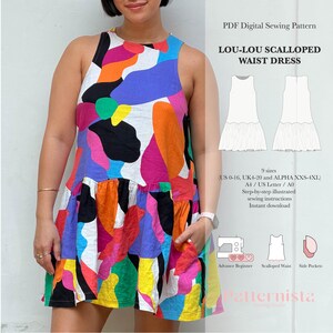 May include: A sleeveless, colorful dress with a scalloped waist and side pockets. The dress features a vibrant abstract pattern in shades of blue, orange, pink, green, and black. The image also includes text that reads "LOU-LOU SCALLOPED WAIST DRESS".