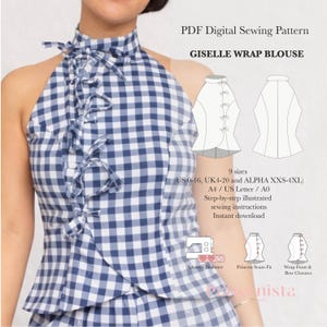 Opstaande kraag omslagtop naaipatroon pdf | Giselle-blouse | Vlinderdas voorkant | Top met prinsessennaad | Digitaal naaipatroon VS 0-16 VK 4-20