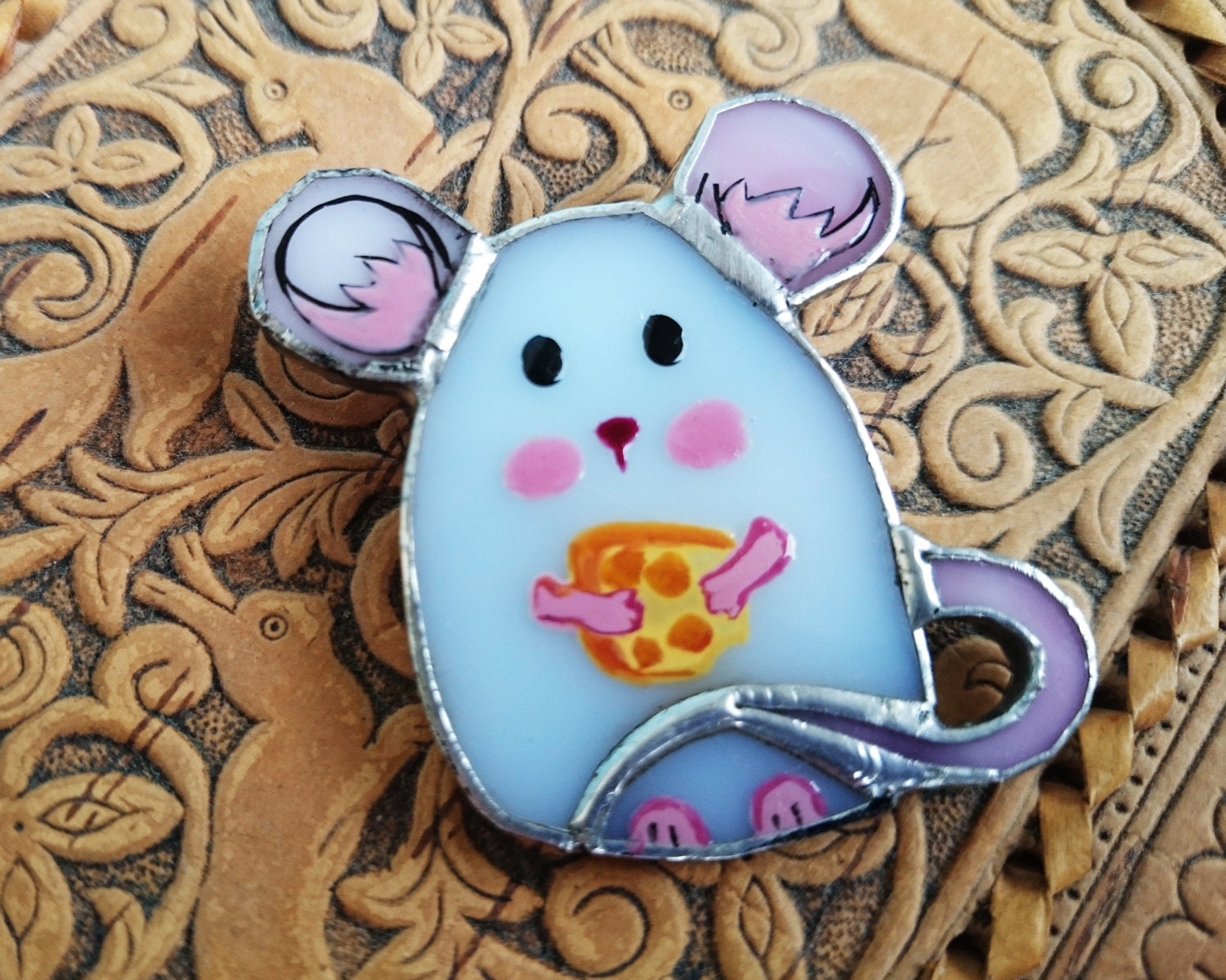 Stained Glass Brooch Mouse / White Mouse Pin / Mouse Glass / Etsy